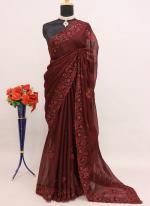 Chiffon Maroon Wedding Wear Embroidery Work Saree